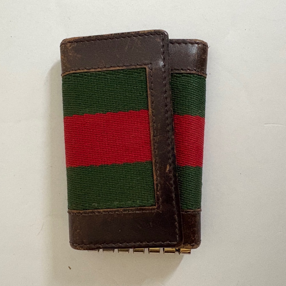Gucci Vintage Web Stripe 6 Hook Key Case Brown Leather Made In Italy